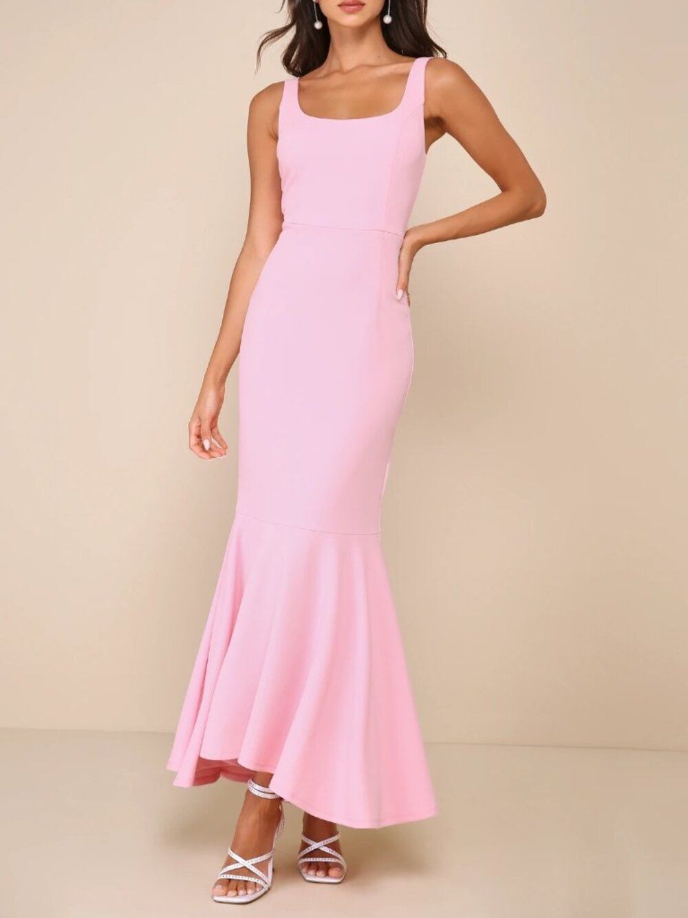 Lulus Romantic Destiny Light Pink Square Neck Trumpet Maxi Dress Size Medium